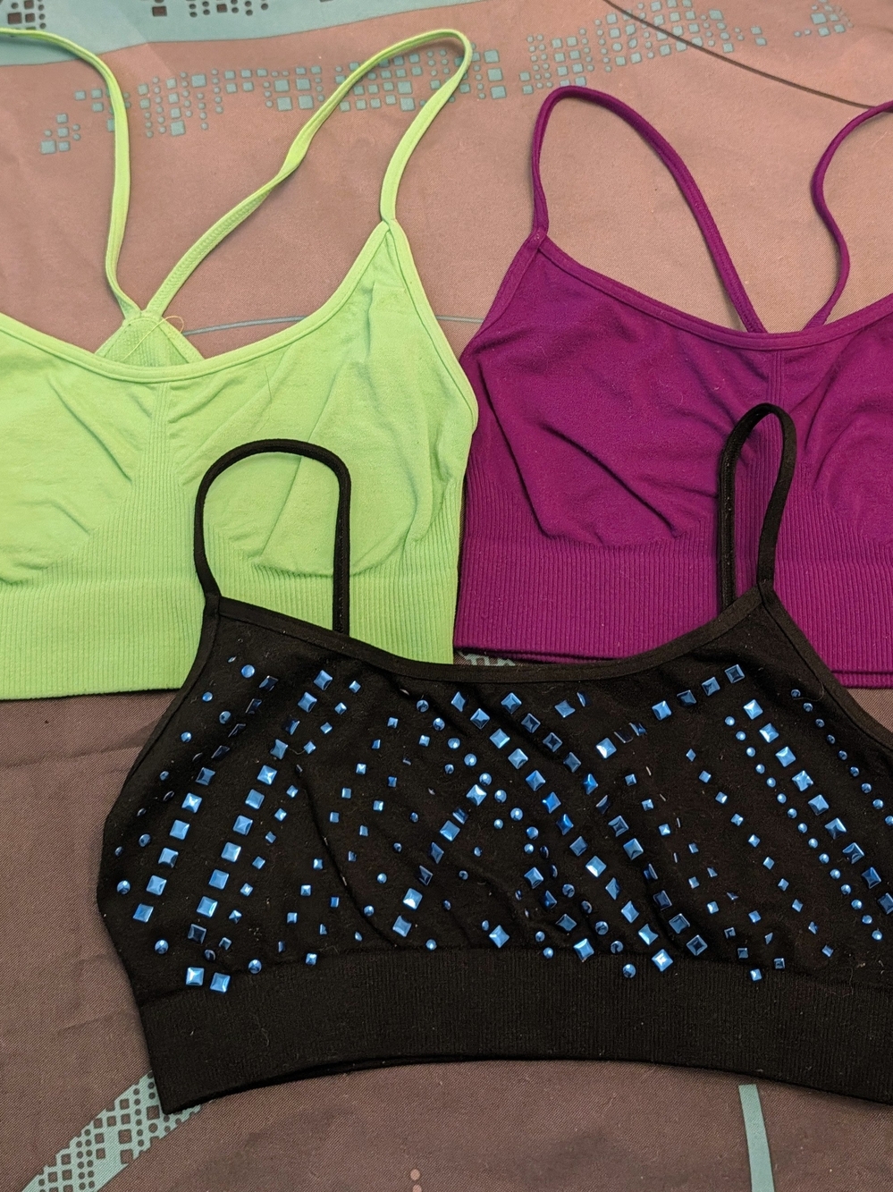 Seamless Bralette Trio - Lime Green, Magenta & Black Dance
